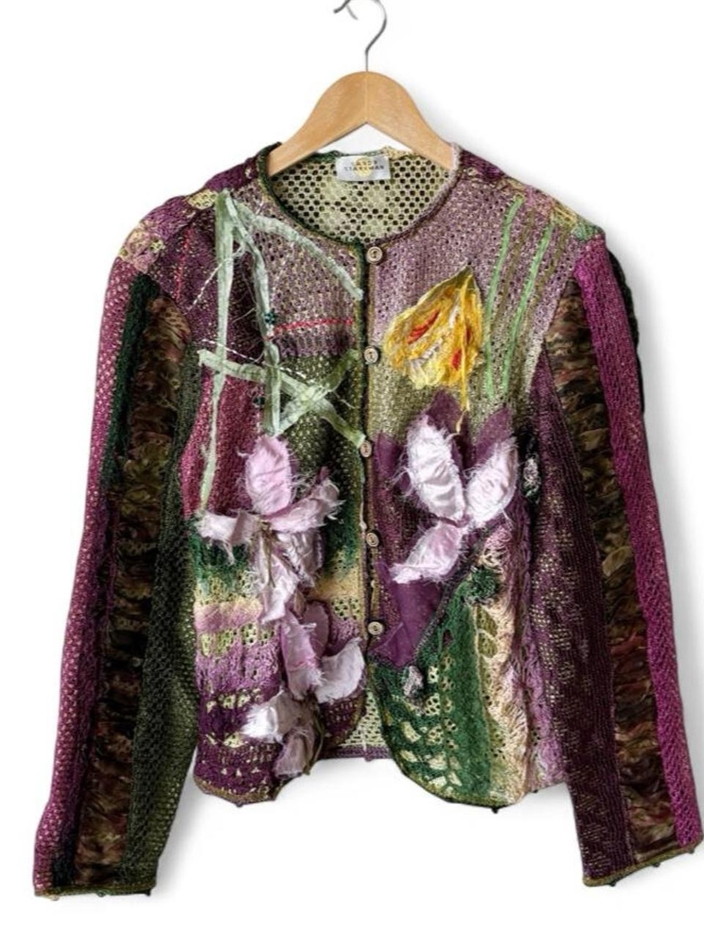 Vintage Sandy Starkman Whimsy Fairy Artsy Floral Appliqué Cardigan